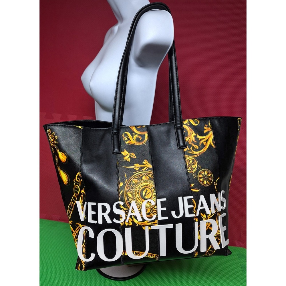 Versace Jeans Couture Baroque Stripe Patchwork Pu 2 Piece Tote Bag Purse pouch
